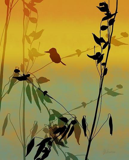 Kingfisher Enjoying The Warmth Of The Sun by Joan Stratton - https://paintingsbyjoan.com/

Day break, the rising sun warms the early morning air.

A silhouette of a bird perches on a branch surrounded by slender leaves against a gradient background of warm yellows and cool blues. The scene captures a tranquil and natural atmosphere with the delicate interplay of shadows and light.

Ether Art – A hand-drawn drawing / painting using the exciting modern art form, where art is created from scratch using a computer in lieu of a real canvas and paint, water colour, pastel, pencil, charcoal etc I create digital art from the ether, exactly the same as if I was starting with a blank canvas.