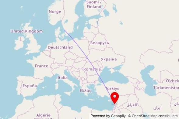 A map showing the great circle route from Falkenberg in Sweden to a map pin at Melkite Greek Catholic Archeparchy of Sidon, فخر, Sidon 1600, Lebanon