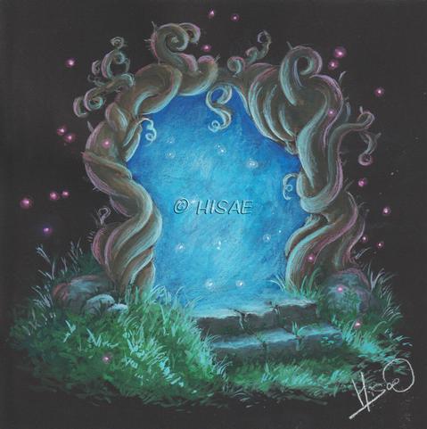 Dessin à la gouache avec rehauts de crayons de couleur représentant un portail magique formé de ronces. Au milieu brille une lumière bleue intense.