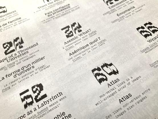 Photo showing a detail of the table of contents. The visible items are:

• “Shape of a Thousand Universes” – Eager Zhang’s poetic outlook on type and languages
• “Asemic What?” – A conversation with Stefan Ellmer about (non-)sense
• “Emomania” → Ayasha Khan explores the border between text and images
• “Type as a Labyrinth” – What Benjamin Dumond means when he says “experimental”
• “Atlas” – Non-verbal links in a well-arranged array of images.
• “Weavings” – Zuzana Licko brings type design mechanisms into other fields