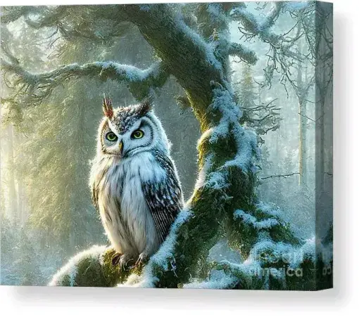 Portrait of a Great Horned Owl on a branch in a lovely snowy landscape. 

By Kaye Menner