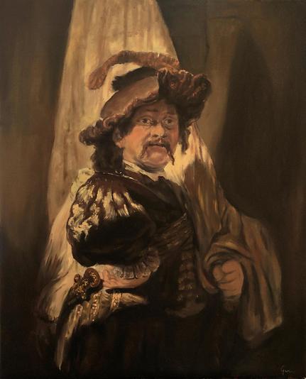 Master study of Rembrandts painting the standard bearer. The painting shows Rembrandt himself in brownish tones with a 1600s outfit