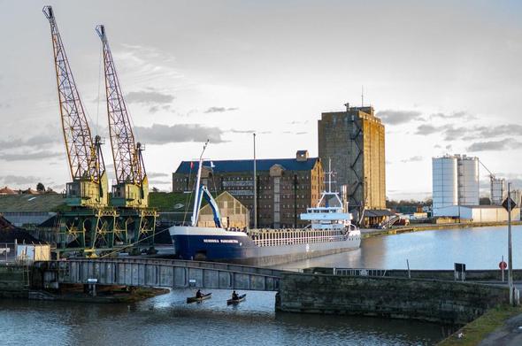 A photo titled "Sharpness Docks", taken near Bridge 1 Low Level Bridge by velodenz on Flickr.