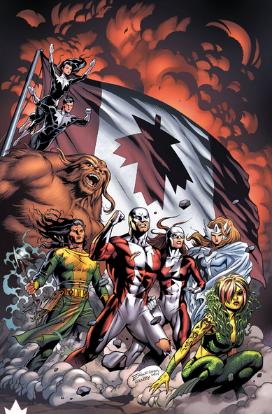 an illustration, the cover illustration for the cover, it has them standing in rubble, a large upside-down canadian flag behind them, they are charging forward into battle 