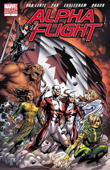the cover, with text added, in dynamic letters in red at the top it reads 'alpha flight', the marvel comics logo is in the upper left corner 