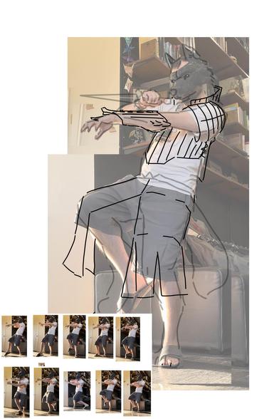 First loose sketch over a photo of me posing with a knife, leg up. A bunch of other photos are arranged at the bottom, of me taking similar poses (I cut and paste the parts of my body I liked most from each photo to create the final larger mockup)
