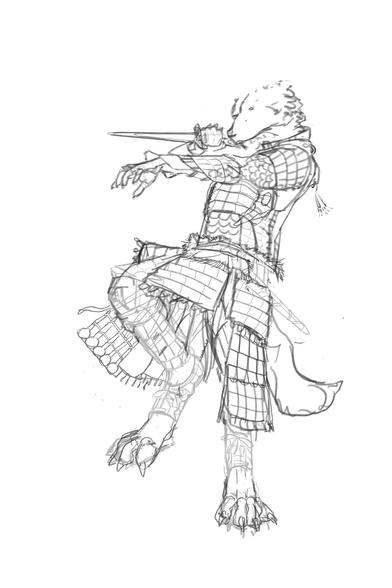 Sketch of the full wolf character with rough black lines over white. Super loose, but trying to find the forms of the armor plates and details.
