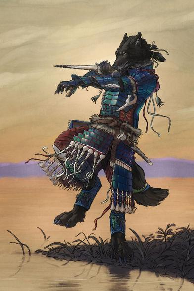 Final piece. A black-furred anthropomorphic wolf stands defensively on one leg while holding up an obsidian-bladed dagger. He is standing by the water, seemingly practicing the pose with no enemies in front of him. He is wearing a colorful lamellar armor of plates and tassels of striking blues, greens, and purples.
