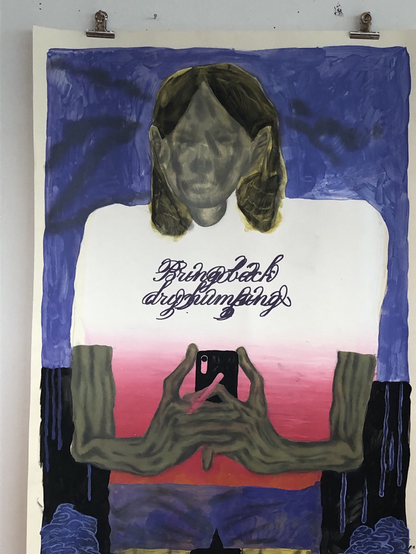 Une peinture représentant une fille qui porte un t shirt sur lequel il est marqué bring back dry humping.