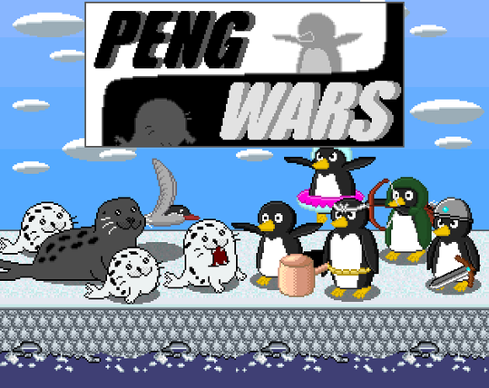 Peng Wars logo along with several of the Pengs fighting the seals underneath it 