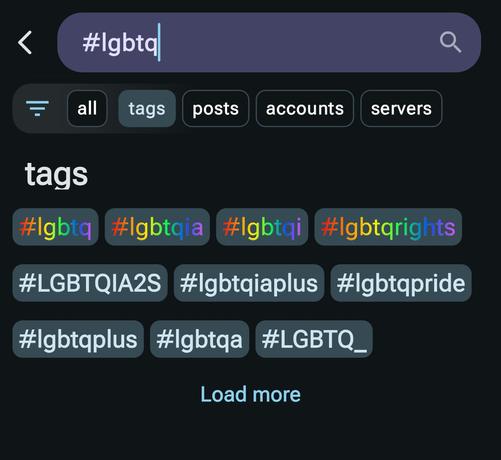 searching for the tag lgbtq shows the tags in rainbow colors 