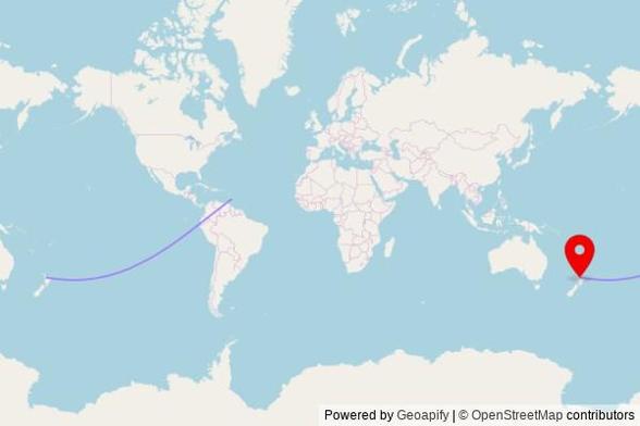 A map showing the great circle route from Bridgetown in Barbados to a map pin at Clevedon Presbyterian Church, 3 Papakura–Clevedon Road, Clevedon 2582, New Zealand