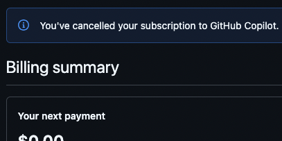 Cancellation confirmation of GitHub Copilot subscription.