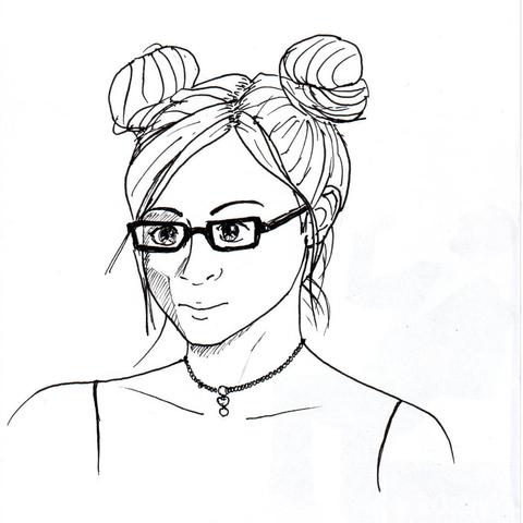 Jolie jeune femme avec deux chignons et des lunettes rectangles.