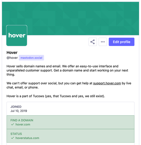 A cropped screenshot showing the Mastodon profile for @hover. There are two links in the profile with a green background and green checkmark showing that they were verified using the rel=me method.