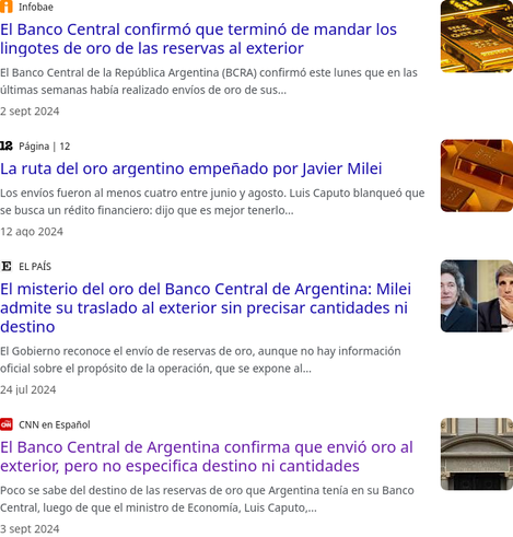 Titulares: "El Banco Central confirmó que terminó de mandar los lingotes de oro de las reservas al exterior" / "La ruta del oro argentino empeñado por Javier Milei" / "El misterio del oro del Banco Central de Argentina: Milei admite su traslado al exterior sin precisar cantidades ni destino" / El Banco Central de Argentina confirma que envió oro al exterior, pero no especifica destino ni cantidades"