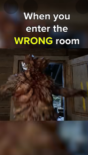 Screenshot image of bloater from The Last of Us coming inside a room with title "When you enter the wrong room"