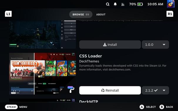 Shows the Decky Loader interface, focusing on the plugin called CSS Loader. The text is as follows:

"Dynamically loads themes developed with CSS into the Steam UI..." then some info on the URL where to find more info on it.