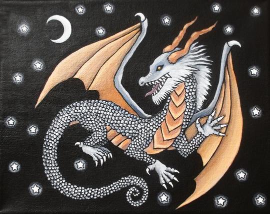 Acrylic painting on canvas of a cute gray and brown dragon flying through a black starry night sky which is now for sale in my Etsy shop.