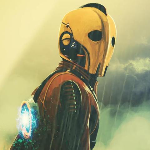Promo image from the video game "Steamdolls," showing the player character standing with his body facing the right and his head turned toward the camera.

He is wearing a golden helmet with an Art Deco look, a reddish leather jacket, and has some kind of power cell strapped to his back.