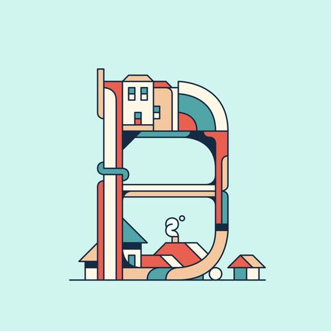 Letter B made fromn structures and houses, in a simple illustrative style
