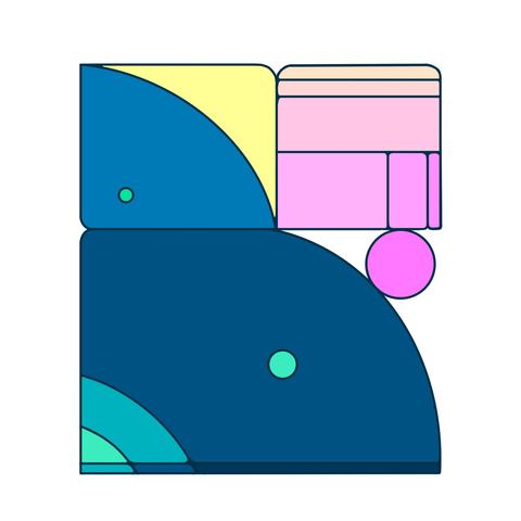 Graphic B made with simple shapes tied together. Gradient from green to blue, yellow and pink.
