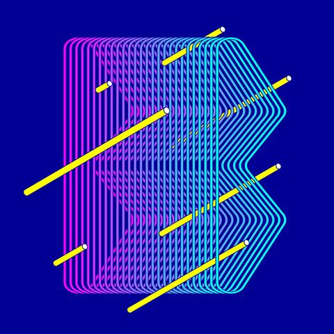 Abstract letter B, made with multiple tubular shapes, and crossed by yellow tubes. Gradient from pink to blue.