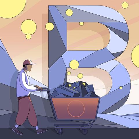 A character is pushing a cart full of stones, in front of a B in the background.