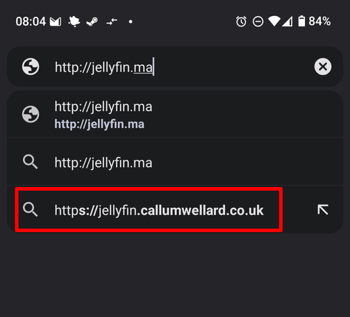A screenshot of me typing an address into the address bar and one of the recommended results is the full result to a server at:

https://jellyfin.callumwellard.co.uk