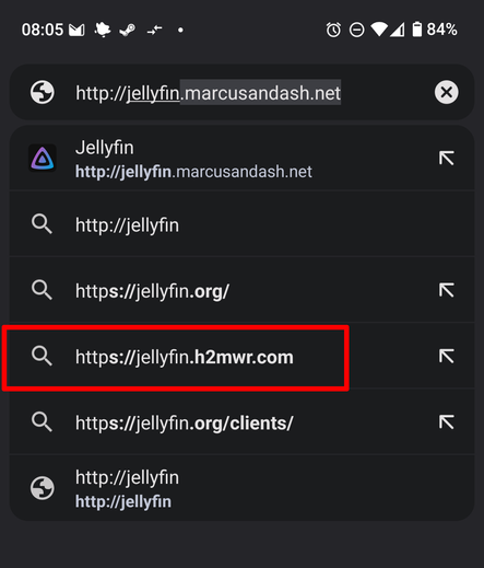 A screenshot of me typing an address into the address bar and one of the recommended results is the full result to a server at:

https://jellyfin.h2mwr.com