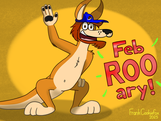 This is Frank as a kangaroo with a blue cap, red hair, and a red beard. To the right text says "Feb ROO ary!"