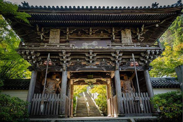 The ornate wooden entrance gate (sanmon) of Daishoin Temple on Miyajima Island, featuring traditional Japanese architecture with multiple-tiered roofs and decorative carvings. Through the gate, stone steps ascend into a verdant maple forest. The gate's dark wooden structure contrasts beautifully with the surrounding green foliage, creating a serene and inviting temple entrance.