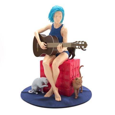 A detailed figurine of a girl playing an acoustic guitar. The girl plays at home, sitting on a pouf, surrounded by her pets. The composition is completed by three cats.