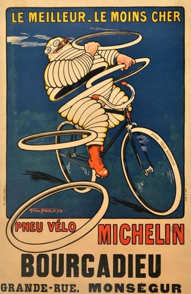 Poster advertising Michelin bicycle tyres, featuring the company's mascot Bibendum riding a bicycle while smoking a cigar and throwing tyres at the viewer (c. 1910). Artwork by H.L. Roowy.