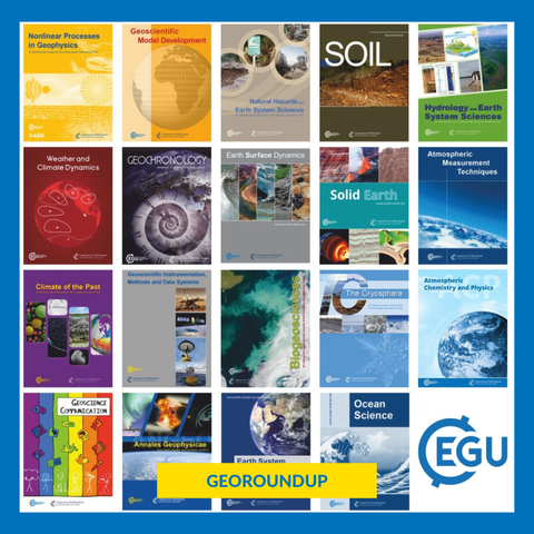 Image description of different scientific journals and themes related to Earth, atmospheric, and oceanic sciences, wit text that reads: "GeoRoundup".