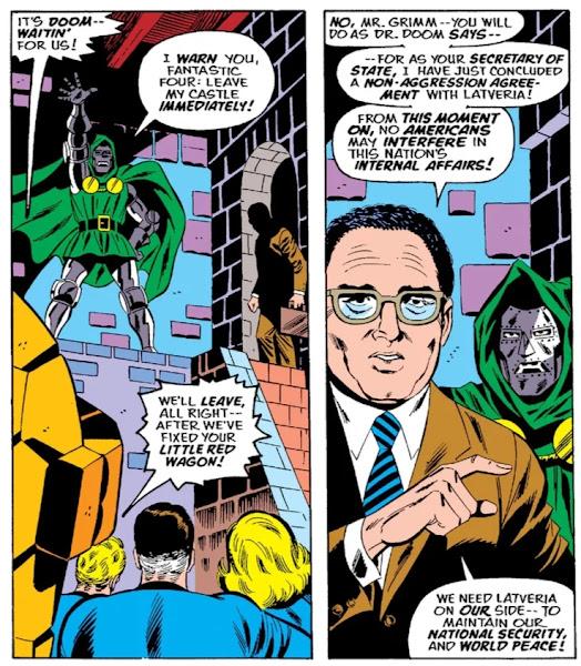 Two panels from Super-Villain Team-Up #6 circa 1976 showcasing Henry Kissinger demanding the Fantastic Four cease hostilities against Doctor Doom.