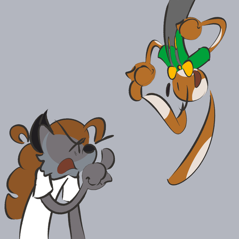 a binturong with a disgruntled expression arguing with a rabbit with a cheerful expression