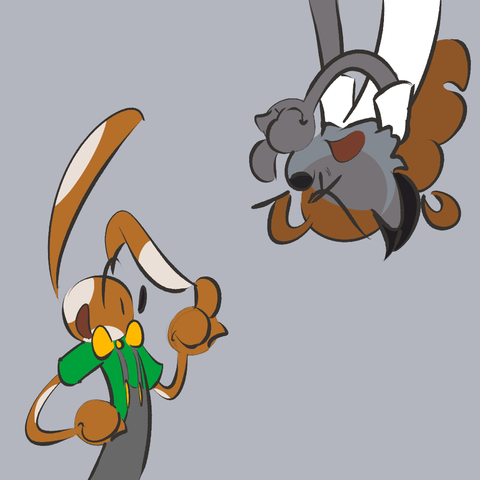 a binturong with a disgruntled expression arguing with a rabbit with a cheerful expression