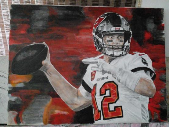 a painting of tom brady, seen in the middle of a play, the background blurred red tones and blacks, tom is preparing to throw, his arm back, looking to the right, his free hand up at his collar height 