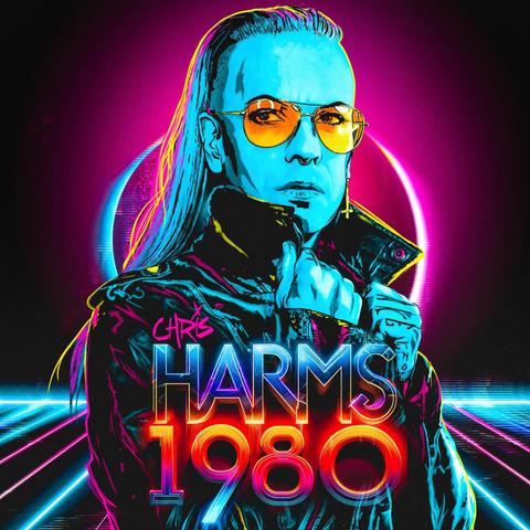 An album cover. The background is lines of neon pink and cyan on black, some of the lines seem to form a circle, maybe representing a moon. In front of it is an image of a long haired man, whose skin and haired are coloured blue and his sunglasses are orange. He's holding his jacket closed in front of himself, jacket is black with pink and cyan reflections. Artist name Chris Harms is below his shoulders, "Chris" is scribbled in neon pink and Harms is formed from yellow, pink and blue neon lines. Album name "1980" is glowing in orange below that.