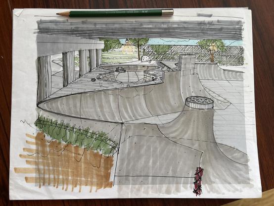 A concept rendering of a skatepark expansion project. Includes an empty swimming pool under a bridge 