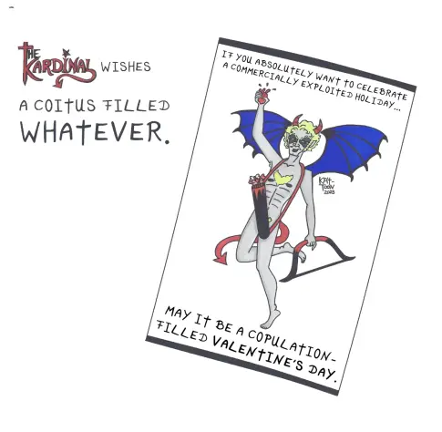 Satire:
a naked demon as a Cupid who wishes  you a coitus filled whatever