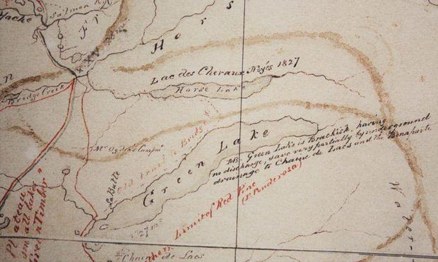 A section of A.C. Anderson's 1867 map of British Columbia, showing Green Lake and Horse Lake, where John Stuart probably rode.
