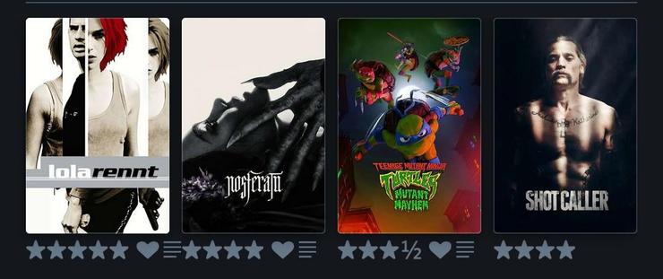 4 Filmplakate: 
- Lola Rennt
- Nosferatu
- Teenage Mutant Ninja Turtles: Mutant Mayhem
- Shot Caller