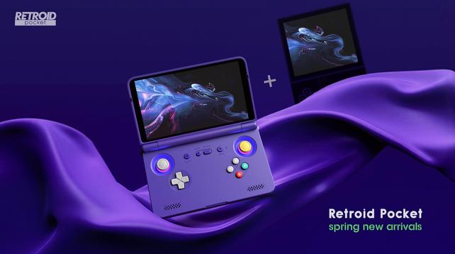 A purple image showing a clamshell designed emulation device. The top ISNA screen with small bezels, the bottom shows two thumbsticks (left and right) a d+pad and buttons.

It sits on a purple ribbon 
Retroid Pocket
Spring New Arrivals  is written on the right-hand side