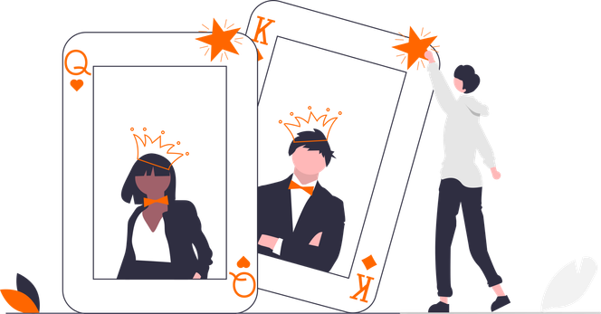 Email marketing post-conversion engagement: Crowning your customers as kings and queens, as the character in this illustration is doing using playing cards as metaphores.