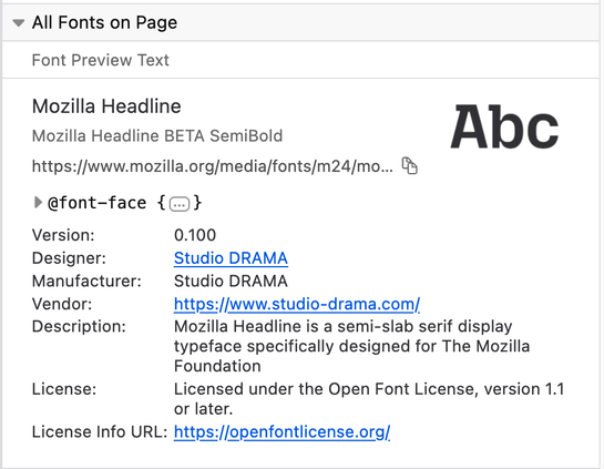 IN Firefox DevTools fonts panel, in the "All Fonts on Page" section, the "Mozilla Headline" font is being used, and some new informations are now visible (e.g. Version: 0.100, Designer: Studio DRAMA, …)