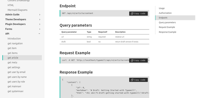 Screenshot of the api endpoint description for Typemill