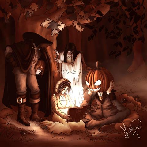 Dessin numérique représentant Little Jane  assise dans la forêt le soir d'Halloween, en train de lire un livre de contes entourée de Jack O'lantern, la Banshee et le cavalier sans tête.
