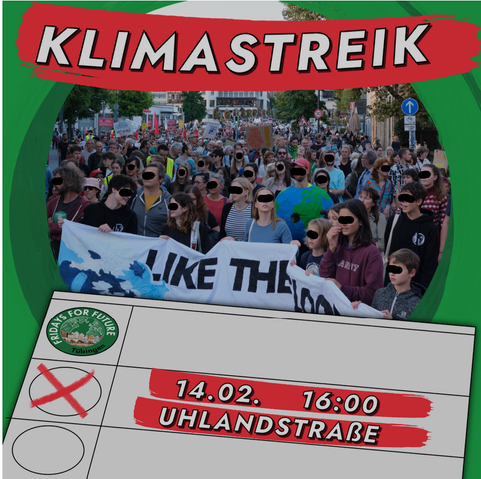 Afiŝo de Vendredoj por Estonteco anoncante la manifestacio en Tübingen. 